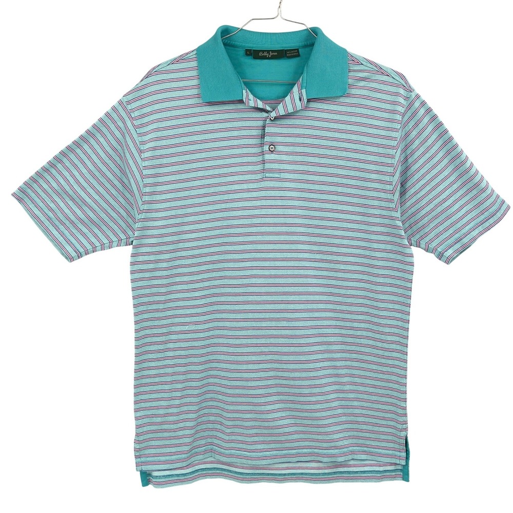 Bobby Jones Mens Teal Stripe Cotton Golf Polo Shirt Short Sleeve Size L